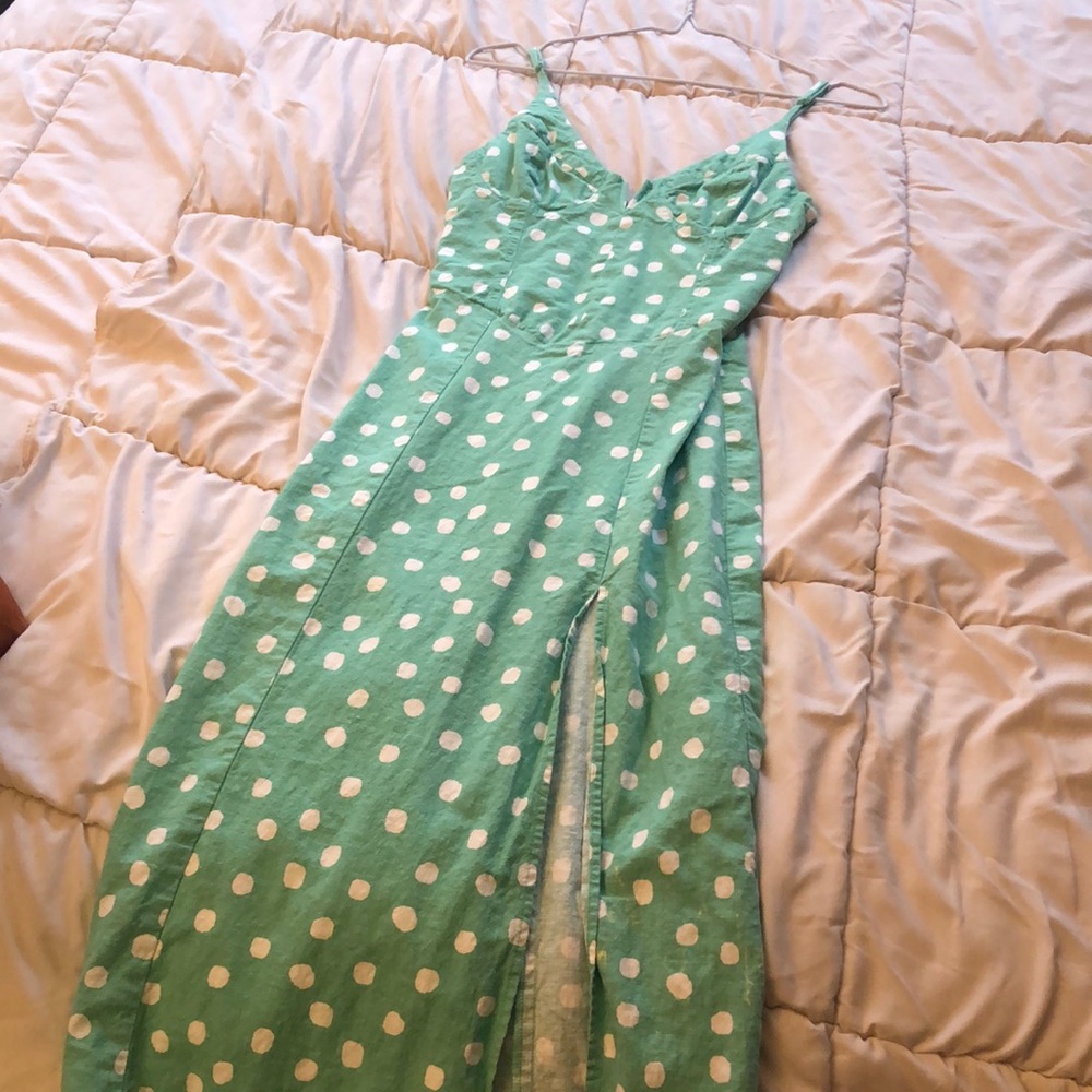 Mint green white polka dot midi dress
